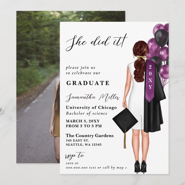 Purple Minimalist Photo She Did It Graduation  Invitation (Front/Back)