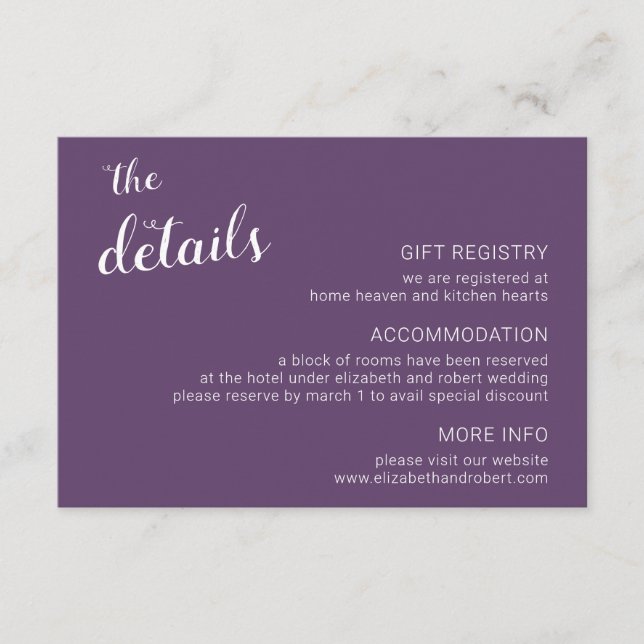 Purple Minimalist Script Calligraphy Wedding  Enclosure Card (Front)