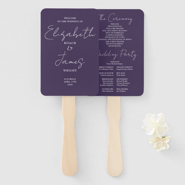 Purple Minimalist Script Wedding Program Hand Fan (Front and Back)
