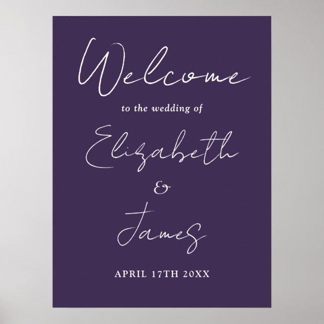 Purple Minimalist Script Wedding Welcome Sign (Front)