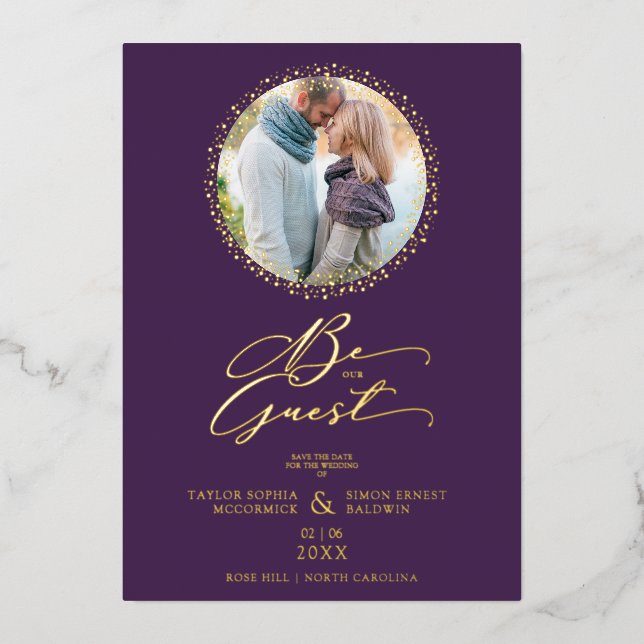 Purple Minimalist Wedding Fancy Round Photo (Front)