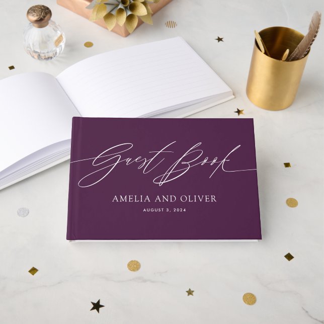 Purple Minimalist Wedding Guest Book (Front Open)