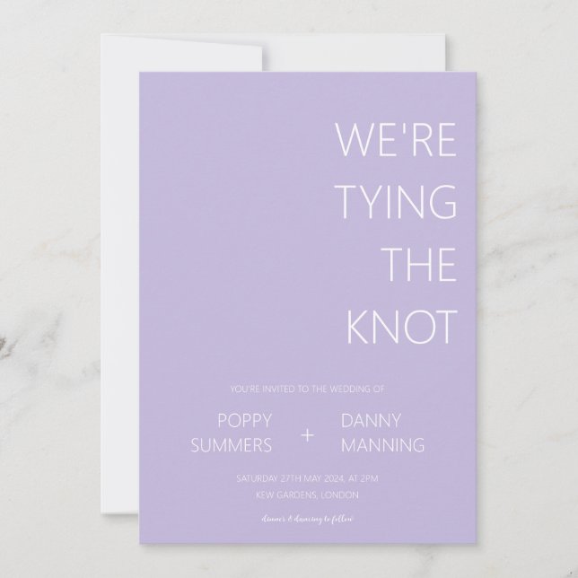 Purple Minimalist We're Tying The Knot Wedding  Invitation (Front)