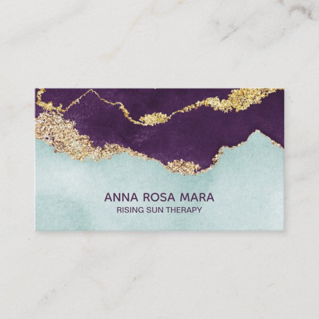 *~* Purple Mint Blue Agate Geode Gold Glitter Business Card (Front)