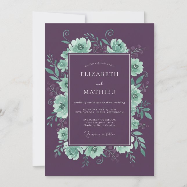 Purple Mint Floral Wedding Invitation (Front)