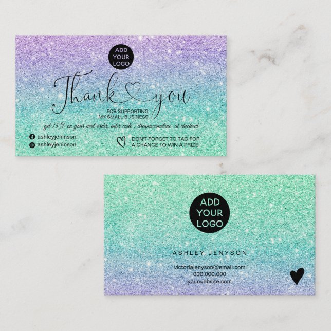Purple mint glitter logo order thank you business card (Front/Back)