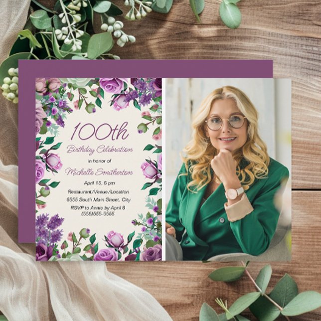 Purple Mint Green Floral 100th Birthday Photo  Invitation (Purple and mint green floral 100th birthday party photo invitation)