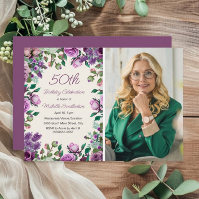 Purple Mint Green Floral 50th Birthday Photo  Invitation (Purple floral 50th birthday party photo invitation)