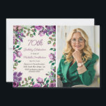 Purple Mint Green Floral 70th Birthday Photo  Invitation<br><div class="desc">Celebrate a beautiful milestone with this elegant 70th birthday photo invitation. The design features a frame of watercolor roses, lilacs, and greenery in shades of purple and green, paired with stylish typography for the party details. A personalised photo of the guest of honour sits alongside the floral layout, creating a...</div>