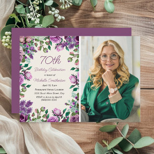 Purple Mint Green Floral 70th Birthday Photo  Invitation