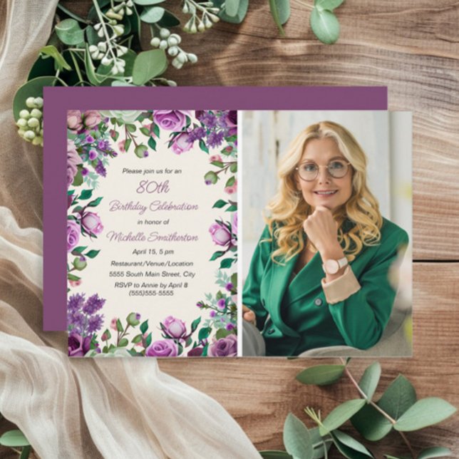 Purple Mint Green Floral 80th Birthday Photo  Invitation (Purple floral and mint green leaves 80th birthday photo invitation)