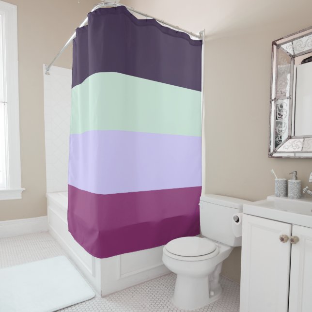 Purple, Mint Green & Magenta Stripes Pattern  Shower Curtain (In Situ)