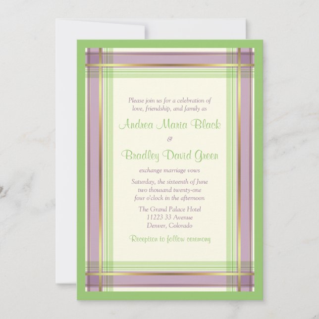 Purple Mint Green Plaid Wedding Invitation (Front)