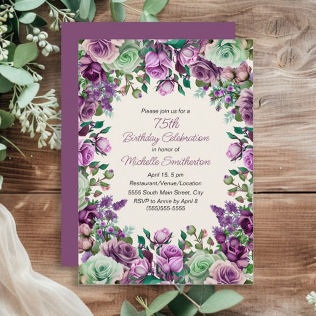 Purple Mint Green Watercolor Floral 75th Birthday Invitation (Elegant purple and mint green women's 75th birthday party invitation)