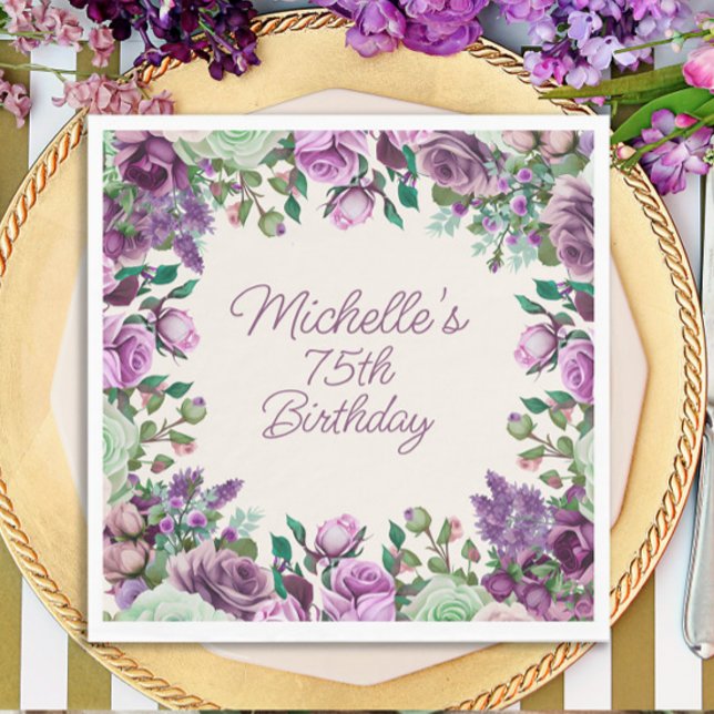 Purple Mint Green Watercolor Floral 75th Birthday Napkin (Purple floral birthday party paper napkins)