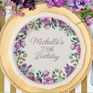 Purple Mint Green Watercolor Floral 75th Birthday Paper Plate