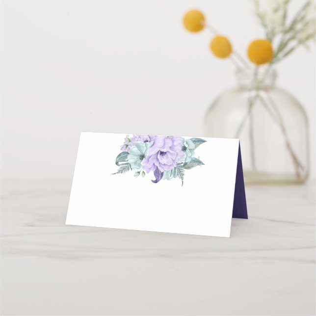 Purple Mint Lavender Watercolor Peonies Place Card (Front)