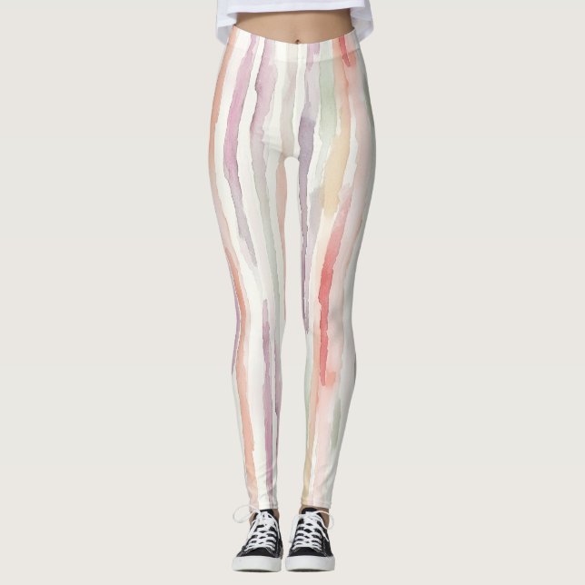 Purple Mint Peach Rose Stripes Leggings (Front)
