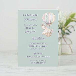 Purple Mint Unicorn Hot Air Balloon Birthday Invitation