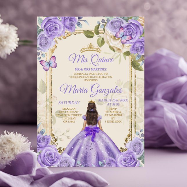 Purple Mis Quince 15 Anos Butterfly Gold Crown Invitation (Creator Uploaded)