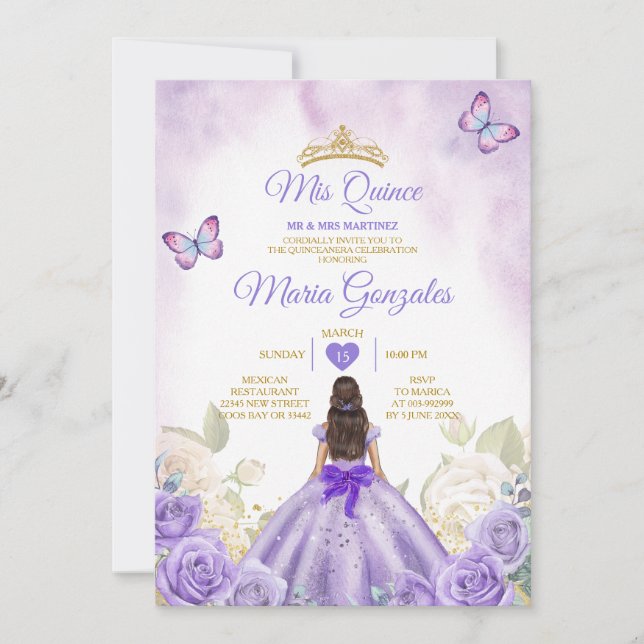 Purple Mis Quince Lavender 15 Anos Silver Crown Invitation (Front)