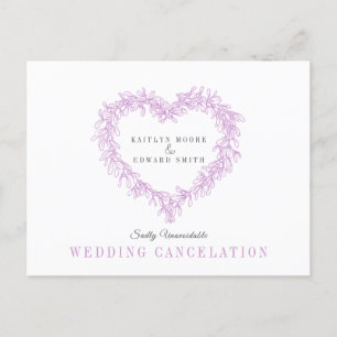 Purple mistletoe heart wreath wedding cancellation announcement postcard