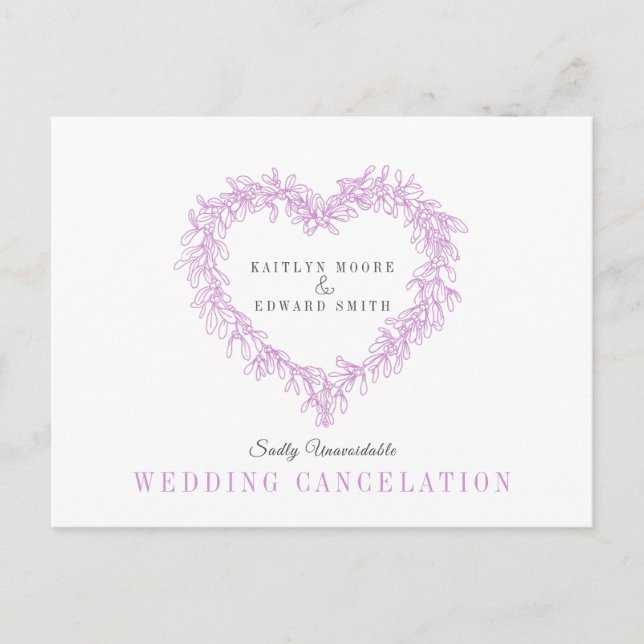 Purple mistletoe heart wreath wedding cancellation announcement postcard (Front)