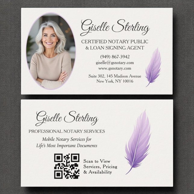 Purple Mobile Notary QR Code Lilac Photo  Business Card (Creator Uploaded)