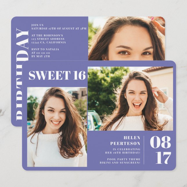 Purple modern bold 3 photos Sweet 16 birthday Invitation (Front/Back)