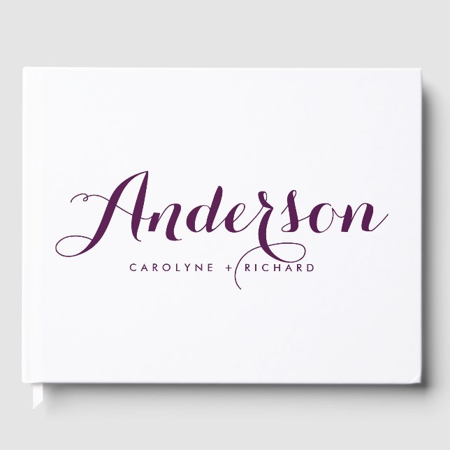 Purple Modern Calligraphy Wedding Guest Book (Front)