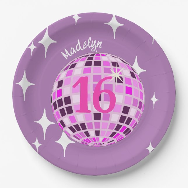 Purple Modern Disco Mirror Ball 16th Birthday Paper Plate (Front)