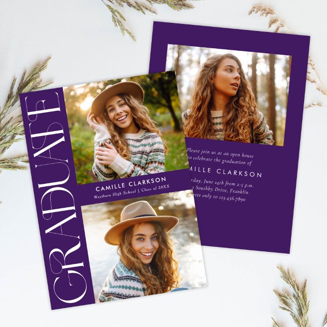 Purple Modern Elegant Three Photo Graduation Invitation (Creator Uploaded)