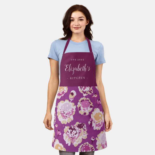 Purple modern floral pattern personalised cooking apron (Worn)