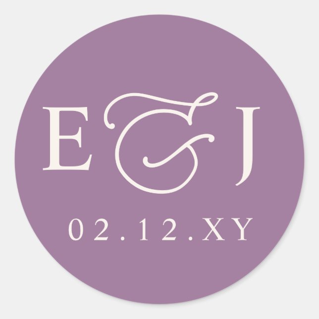 Purple Modern Initials Monogram Wedding Classic Round Sticker (Front)