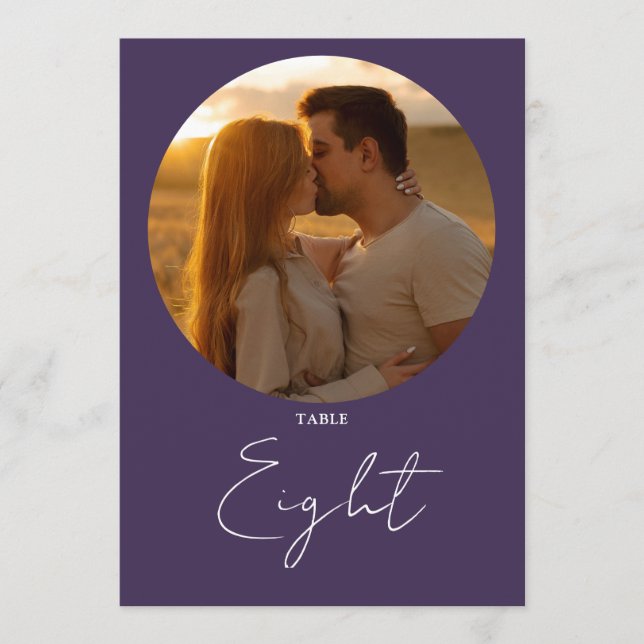 Purple Modern Minimalist Script Table Number (Front)