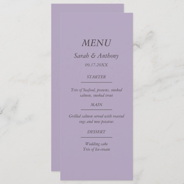 Purple Modern Minimalist Simple Wedding Food  Menu (Front/Back)