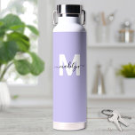 Purple Modern Name Monogram Water Bottle<br><div class="desc">Create Your Own Personalised Lilac Purple Name Monogram Water Bottle. This cute and stylish water bottle features a soft lilac purple background for a fresh and calming look. A bold white initial sits in the centre, overlaid by a flowing black script name for a personalised touch on both sides. Ideal...</div>