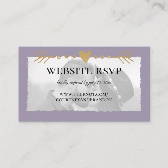 Purple Modern Photo Gold Heart Website RSVP Enclosure Card (Front)