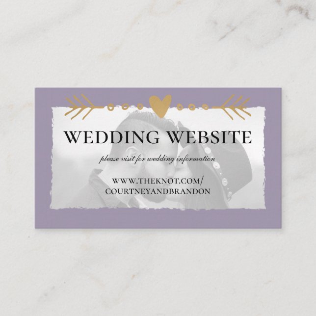 Purple Modern Photo Gold Heart Wedding Website Enclosure Card (Front)