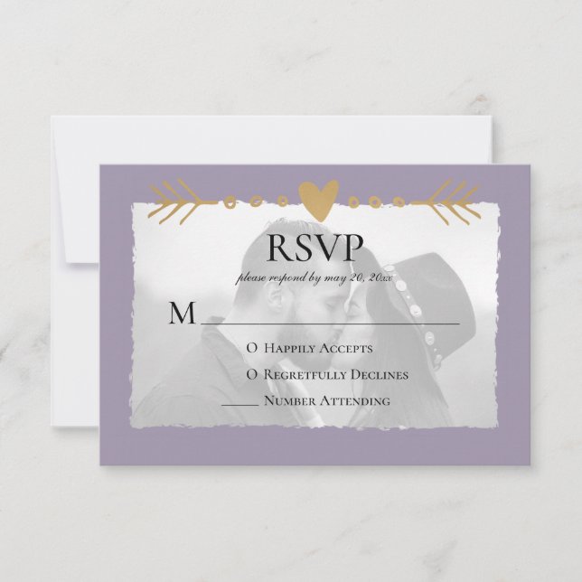 Purple Modern Photo Gold Hearts RSVP Card (Front)