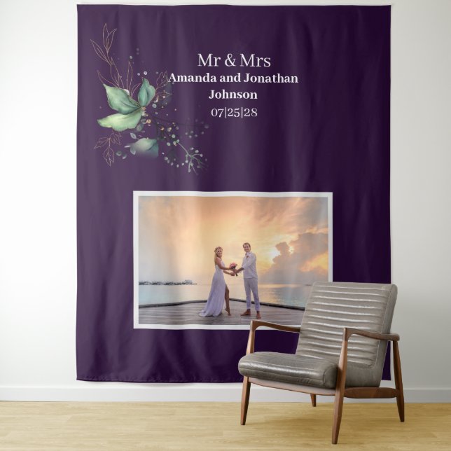 Purple Modern Photo Greenery Wedding Backdrop Tapestry (In Situ)