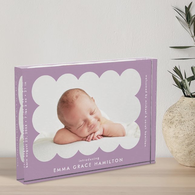 Purple Modern Scalloped Birth Announcement Photo Block (Creator Uploaded)