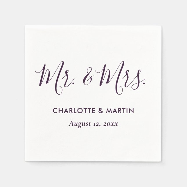 Purple Modern Script Mr. and Mrs. Wedding Napkin (Front)