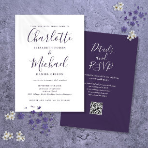 Purple Modern Script QR Code Wedding Invitation