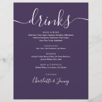 Purple Modern Script Wedding Drinks Menu