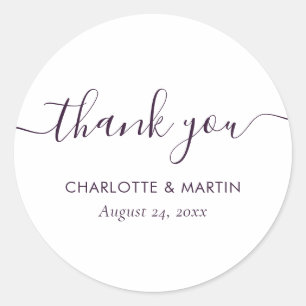 Purple Modern Script Wedding Thank You Classic Round Sticker