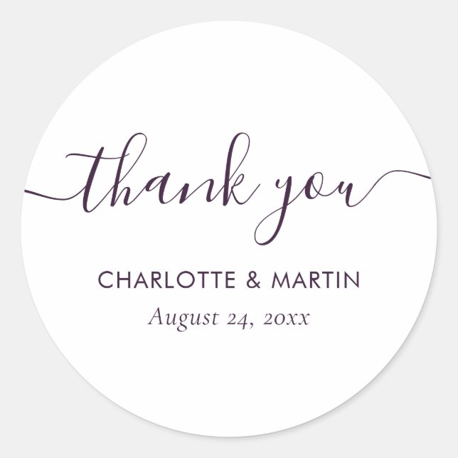 Purple Modern Script Wedding Thank You Classic Round Sticker (Front)