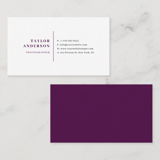 Purple Modern Serif Typography Minimalist Business Card (Front/Back)