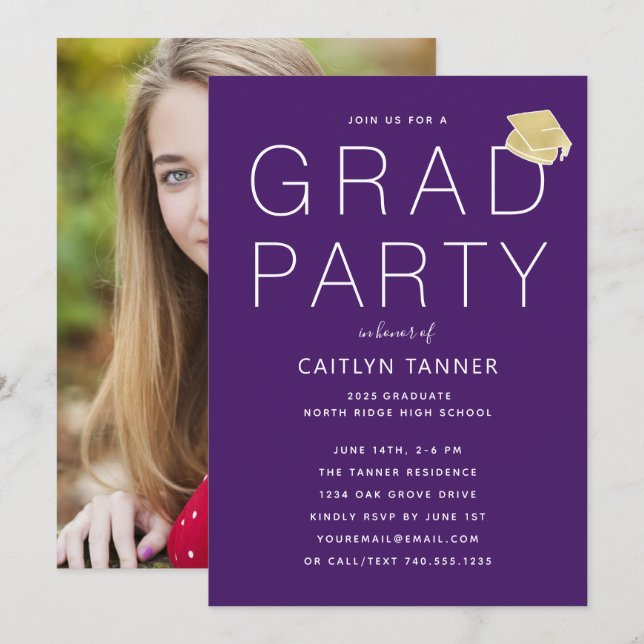Purple Modern Simple Photo Graduation Party Invitation (Front/Back)