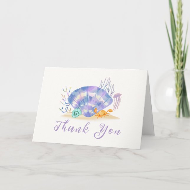 Purple Modern Summer Sea Pearl Girl Baby Shower  Thank You Card (Front)